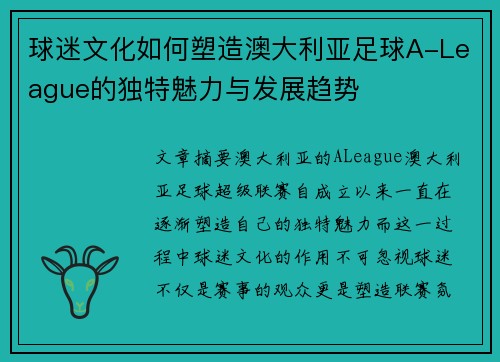 球迷文化如何塑造澳大利亚足球A-League的独特魅力与发展趋势 球迷文化如何塑造澳大利亚足球A-League的独特魅力与发展趋势